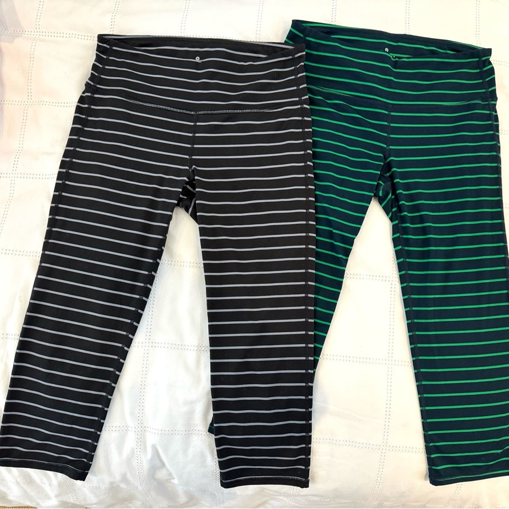 Athleta - 2 pr Chaturanga leggings M - black/grey and navy/green stripes. Lk new